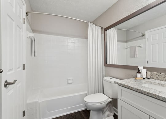 Model apartment bathroom with a shower toilet and a sink