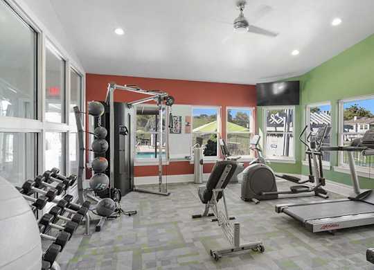 Community Fitness Center with Equipment at Abbington Heights Apartments in Antioch, TN.