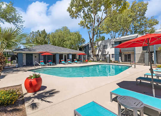 Community Swimming Pool with Pool Furniture at Solano Springs Apartments in Tucson, AZ.