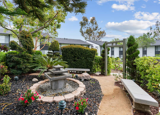 Beautiful landscaping and fountain
