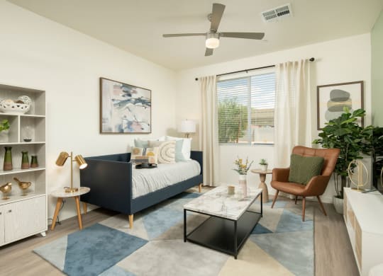 our apartments offer a living room with a couch and a coffee table