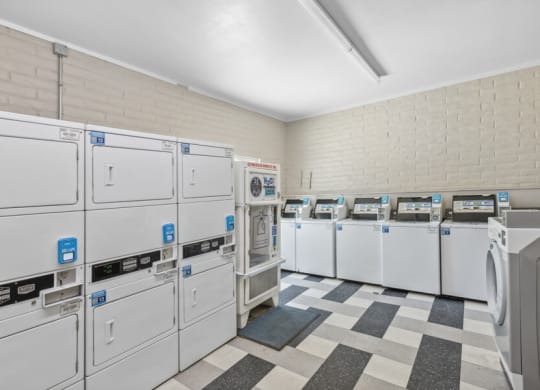 on site laundromat with rows of washers and dryers