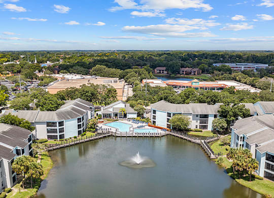Aerial view of the lake and the apartments