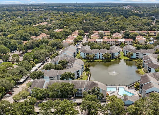Aerial view of the lake and the apartment community