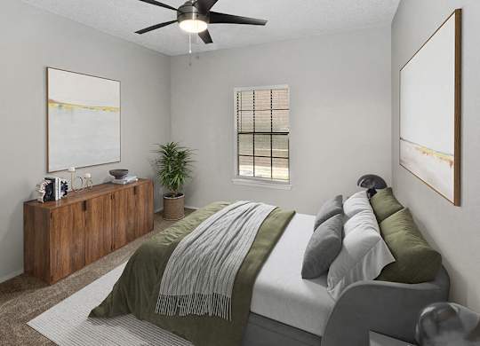 1 Bedroom Luxury Apartments in North Dallas, TX - Dallas North Park - A Bedroom With Wood Bed Frame, Ceiling Fan, Soft Bedding, Wall Art, And Window With Blinds.