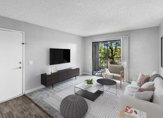 Model living room with sliding glass door