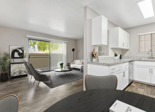 Model apartment dining room and kitchen, looking into the living room at Lore South Mountain, Phoenix
