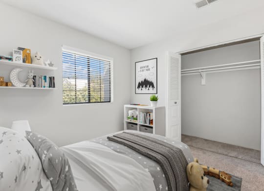 Model apartment bedroom at Lore South Mountain, Arizona