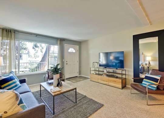 A living room with a couch, a chair, a coffee table, and a television.