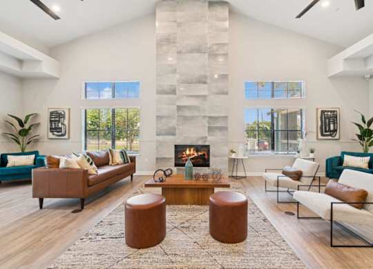 Community lounge with fireplace at Mirage on Kernan Apartments in Jacksonville, FL