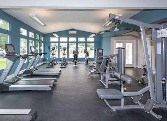 Community Fitness Center with Equipment at Misty Ridge Apartments located in Woodbridge, VA.