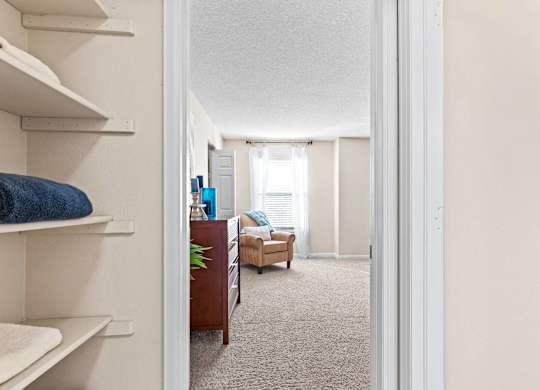 A hallway with a chair and a plant in the background.