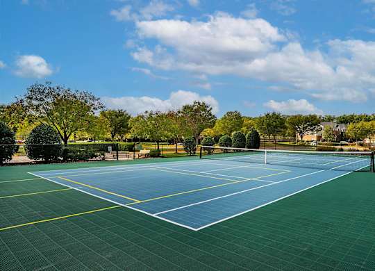 A tennis court with a net and trees in the background.