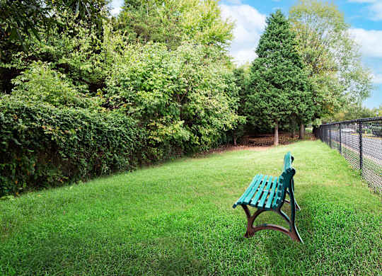 A green park bench sits in the middle of a grassy area.
