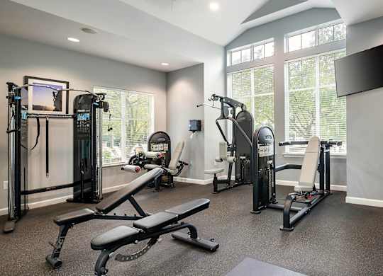 A well-equipped home gym with a variety of exercise machines.