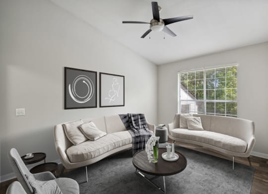 a living room with two couches and a coffee table