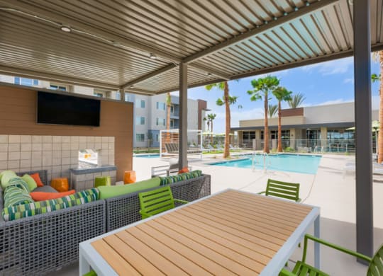 Outdoor lounge area near pool