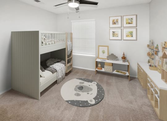 Model apartment bedroom with a bunk bed