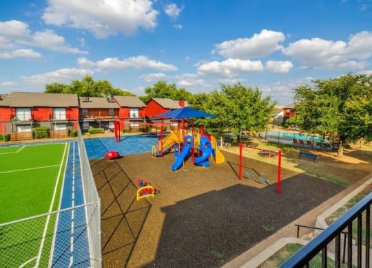 Apartment courtyard with soccer field and playground