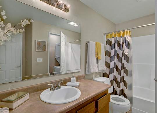 Model Bathroom with a Shower and Bathtub at Ridge & Shores Apartments located in Federal Way, WA.