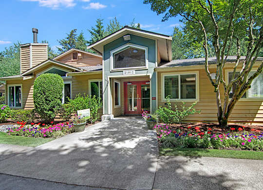 Community Clubhouse and Landscape at Ridge & Shores Apartments located in Federal Way, WA.