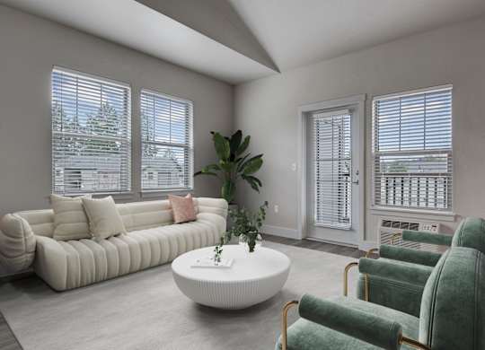A living room with a white sofa, green armchairs, and a white coffee table.