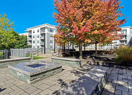 A courtyard with a fountain surrounded by trees and a building in the background.