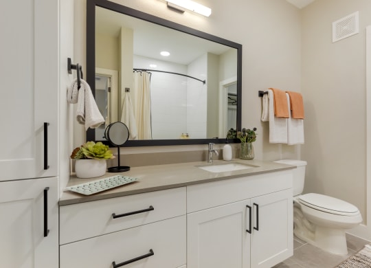 a bathroom with white cabinets and a large mirror