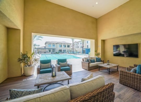 Convertible lounge space with view of pool
