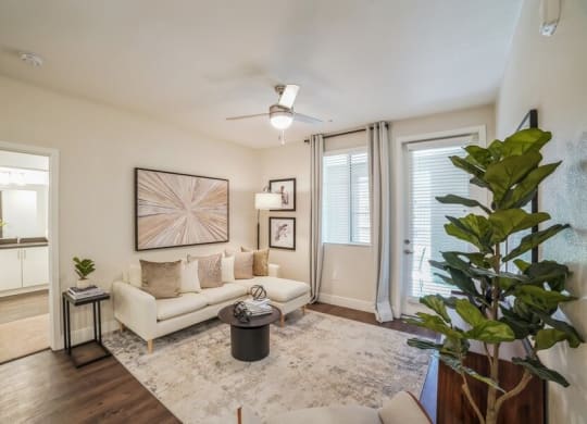 Model living room with wood-inspired flooring