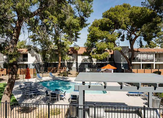 Community Swimming Pool at Bridges at Tropicana Apartments located in Las Vegas, Nevada.