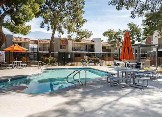 Community Swimming Pool at Bridges at Tropicana Apartments located in Las Vegas, Nevada.
