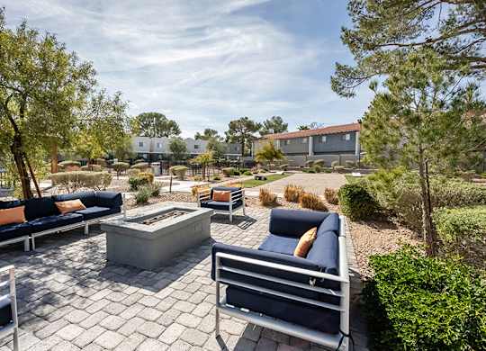 Community Fire Pit Area at Bridges at Tropicana Apartments located in Las Vegas, Nevada.