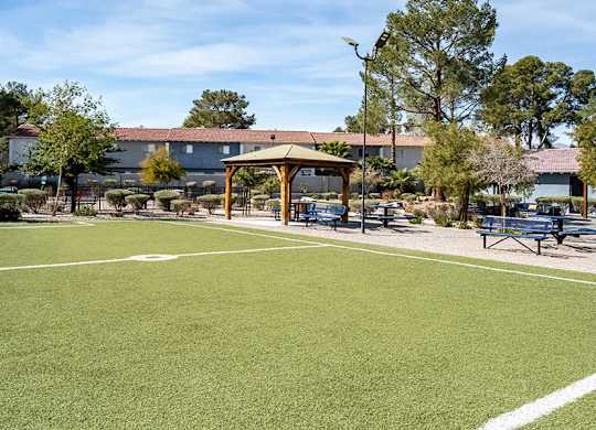 Community Soccer Field at Bridges at Tropicana Apartments located in Las Vegas, Nevada.