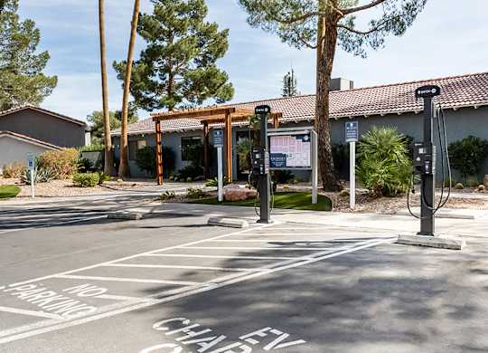 Community EV Charging Stations at Bridges at Tropicana Apartments located in Las Vegas, Nevada.