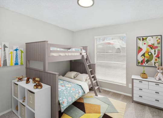 a kids bedroom with a bunk bed and a dresser