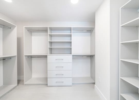 Walk-in closet with custom shelving and drawers at The Hamilton Apartments, Miami, 33137