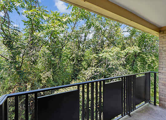 A balcony with a black railing overlooks a lush green forest.