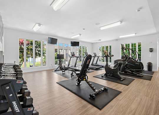 A gym with a variety of equipment including treadmills, weights, and exercise machines.