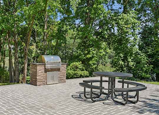 A picnic table is surrounded by trees and a stone structure.