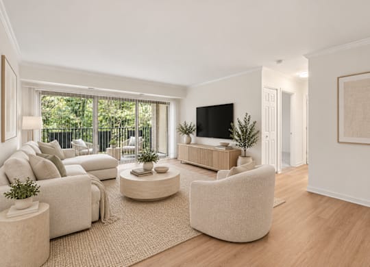 A living room with a white couch, a white chair, a white coffee table, a white rug, a white wall, a white door, a white floor, a white ceiling, a white lamp, a white plant, a white so