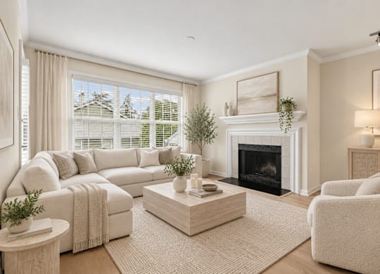 Living room with fireplace and neutral furnishings at The Courts at Fair Oaks Apartments, Fairfax, Virginia