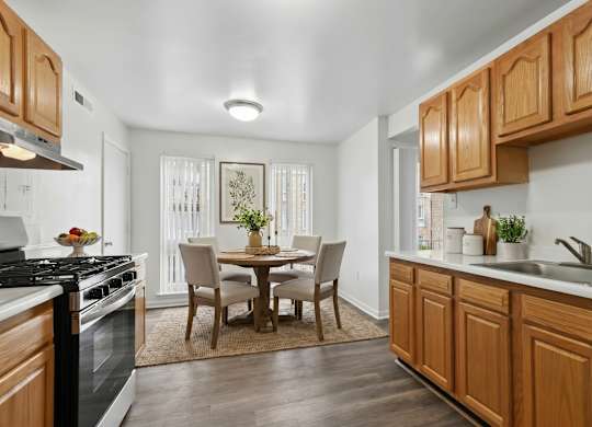 Kitchen with stainless appliances and wood cabinetry at The at Elmwood Terrace Apartments, Frederick, Maryland