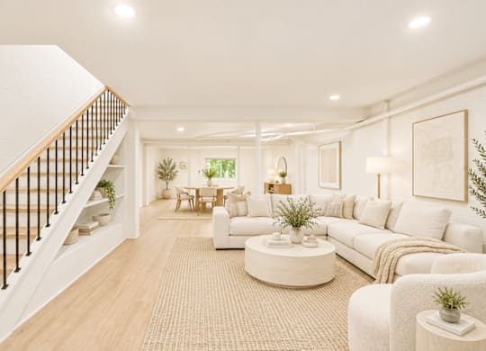 A living room with a staircase on the left side.