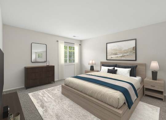A bedroom with a large bed, a dresser, and a nightstand with a lamp.
