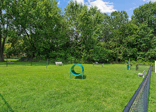 A playground with a green swing set and a fence.