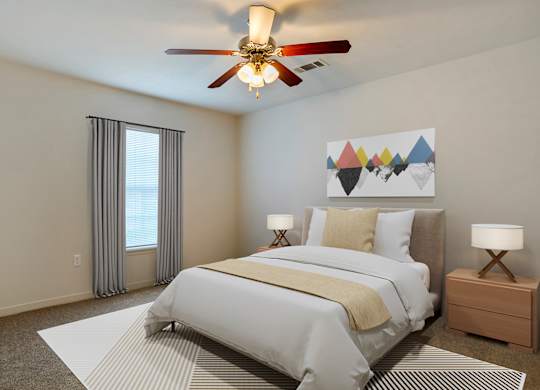 Crosswinds Bedroom with ceiling fan and light at Crosswinds Apartments, Pearl