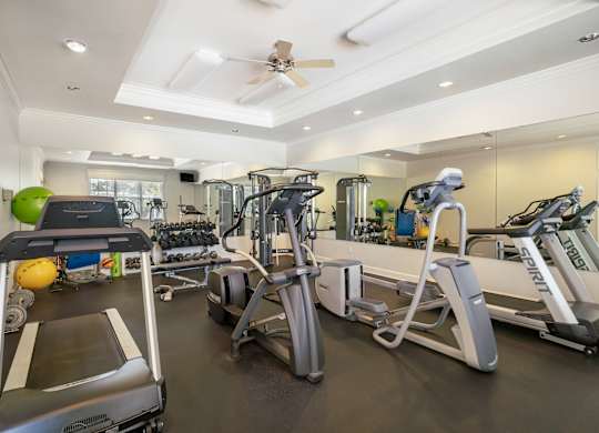 A spacious home gym with a variety of exercise equipment.