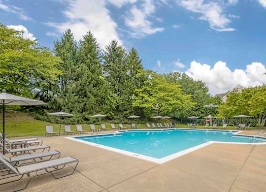 A large outdoor swimming pool at The Apartments at Owings Run, Owings Mills, Maryland