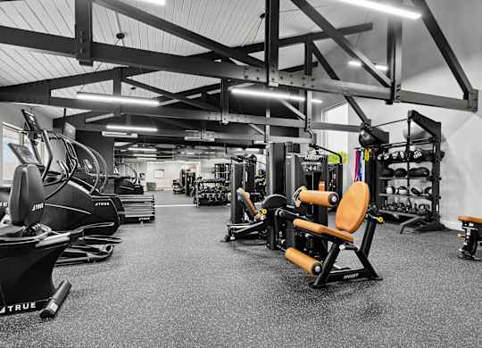 A gym with a variety of exercise equipment including treadmills, stationary bikes, and weight machines.
